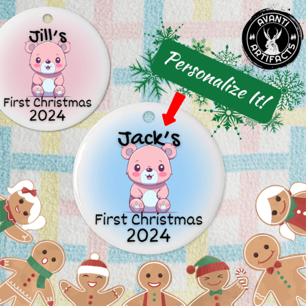 "First Christmas" Newborn Pink Bear Design (Personalized) | Personalized Christmas Gift - Porcelain Ornament