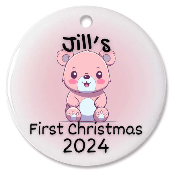 "First Christmas" Newborn Pink Bear Design (Personalized) | Personalized Christmas Gift - Porcelain Ornament - Image 3