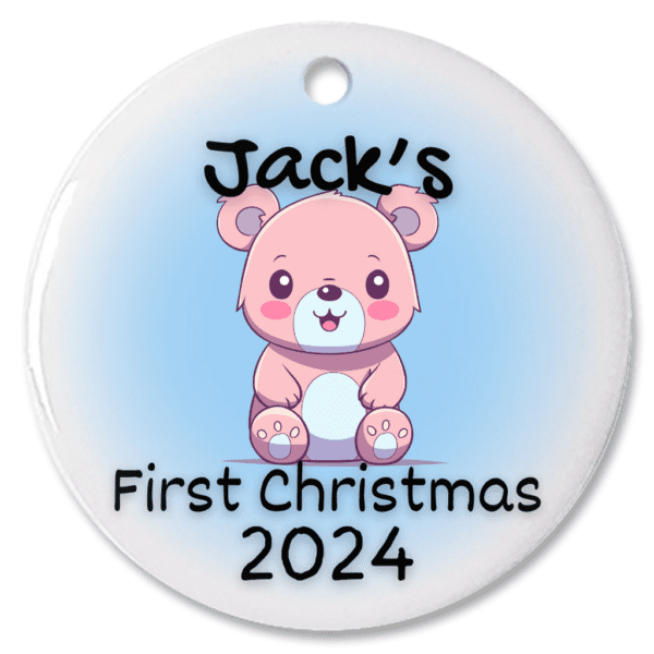 "First Christmas" Newborn Pink Bear Design (Personalized) | Personalized Christmas Gift - Porcelain Ornament - Image 2