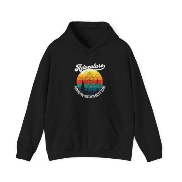 Adventure: Bug Bites to Battle Scars | Funny Hiking Shirt | Retro Sunset | Unisex - Hoodie - Image 6