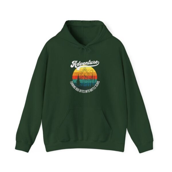 Adventure: Bug Bites to Battle Scars | Funny Hiking Shirt | Retro Sunset | Unisex - Hoodie - Image 2