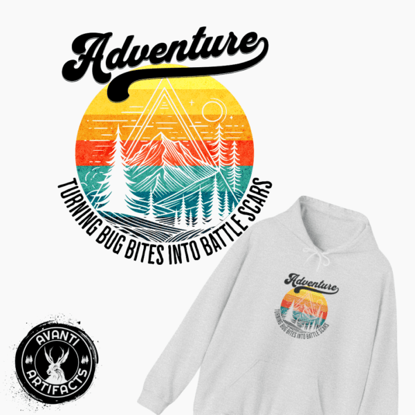 Adventure: Bug Bites to Battle Scars | Funny Hiking Shirt | Retro Sunset | Unisex - Hoodie