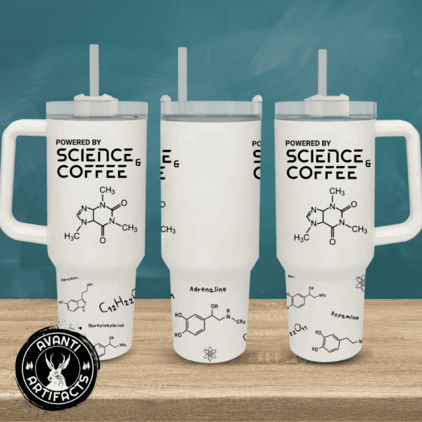 Powered by Science and Coffee | Geeky Tumbler | Nerdy Coffee Mug - 40oz Quencher Tumbler